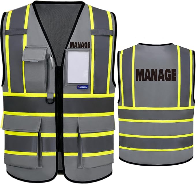 AYKRM Security Vest for Men Women 7 Pockets High Visibility Reflective Safety Vest Front Zipper Meets ANSI/ISEA