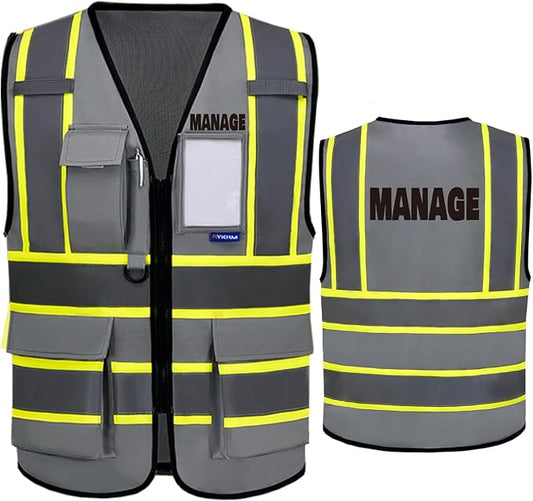 AYKRM Security Vest for Men Women 7 Pockets High Visibility Reflective Safety Vest Front Zipper Meets ANSI/ISEA