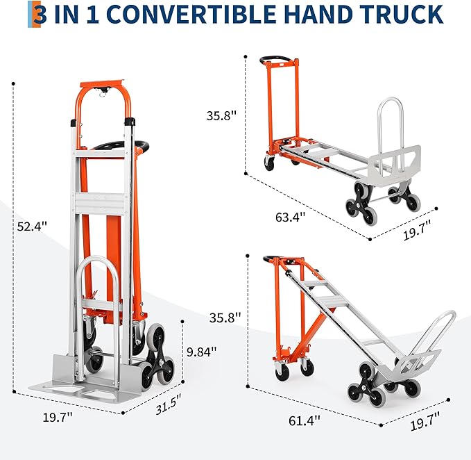 3 in 1 Convertible Hand Truck Dolly, 770 LBS Load Capacity Folding Cart with Stair Climber Wheels, Elastic Straps, Aluminum Convertible Hand Truck for Home, Warehouse, Supermarket, Office