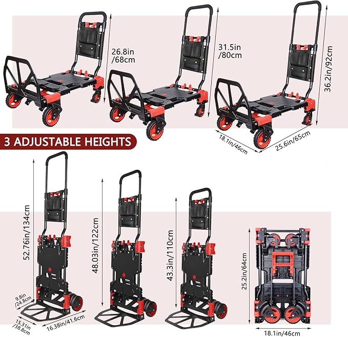 Folding Hand Truck, 2 in 1 Portable Heavy Duty Carrying Moving Dolly Cart with 4 Foldable Wheels and Retractable Handle Duty 330lbs (Red)