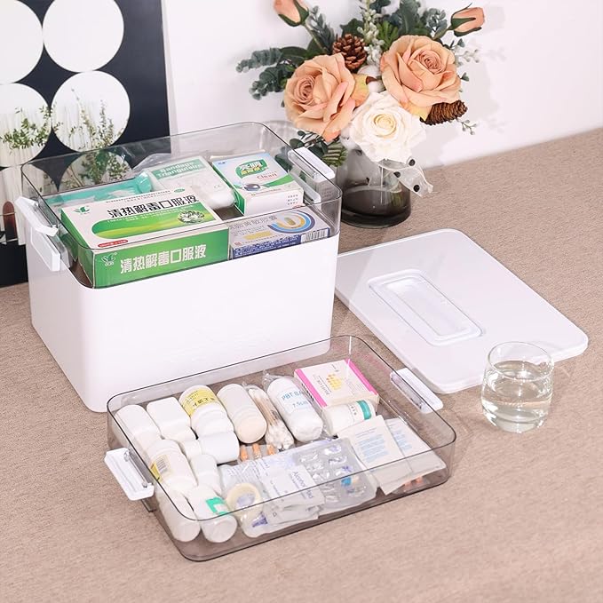 Kekow 3-Tier Portable Medicine Cabinet Organizer, Plastic Large Medicine Storage Box with Handle, White