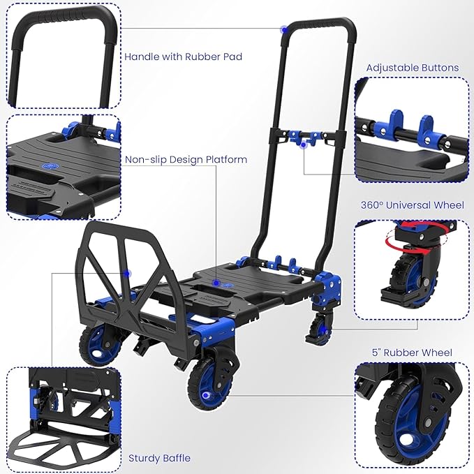2-in-1Hand Truck Dolly Foldable with Folding Basket, 330LB Folding Hand Truck Heavy Duty Carrying, Combination of 4 Wheels and 2 Wheels Convertible Dolly Cart with Retractable Handle Cart for Moving