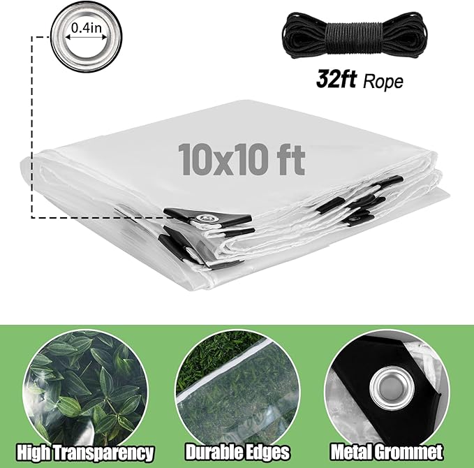 10x10ft Anti-Tear Clear Tarp Waterproof for Patio Winterizing - 5 mil Snowproof & Windproof Clear Plastic Tarps with Grommets for Garden Enclosure Chicken Coop