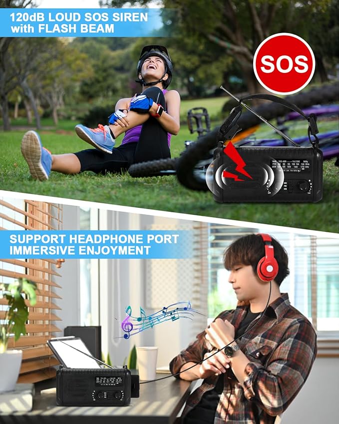 Emergency Crank Radio, 20000mAh / 74000mWh Solar Hand Crank Weather Radio with NOAA/AM/FM, Battery Powered Radio with Cell Phone Charger, Reading Lamp, Flashlight & SOS for Emergencies/Home (Black)