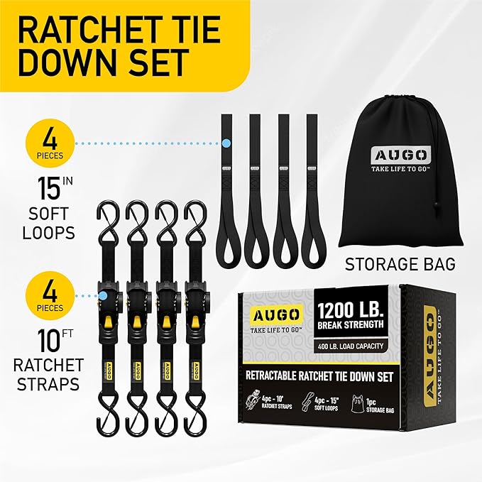 AUGO Retractable Ratchet Straps | 4 Heavy Duty Ratchet Straps Self Retractable Tie Down Straps with Soft Loops & Storage Bag for Motorcycle, Truck, Trailer, Cargo Van | 1200 Lb Break Strength 1” x 10’