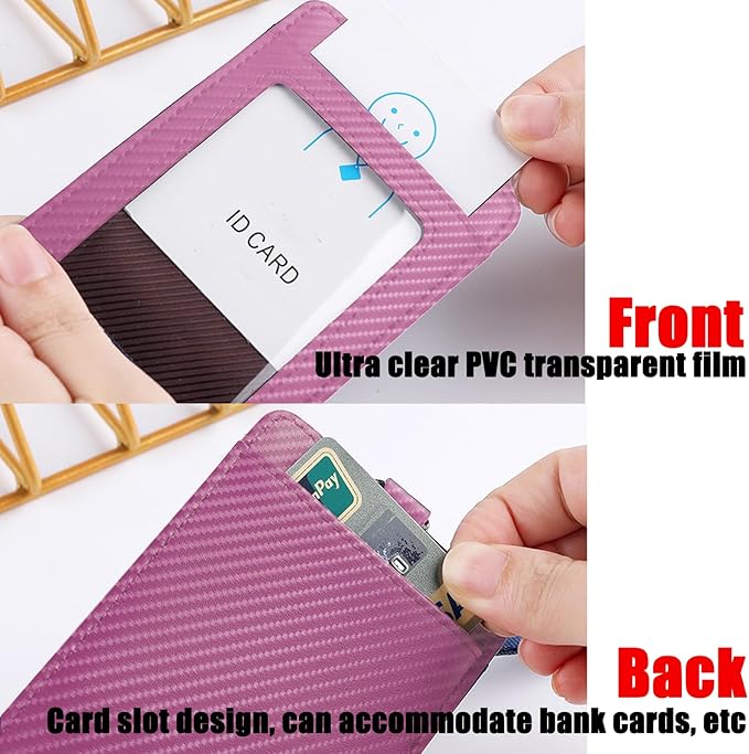 Carbon Fiber Work ID Card Holder with Lanyard is a Stylish and Durable Card Holder with Dual Card Capacity, Clear Display Window and Privacy Back Pocket (Pink)