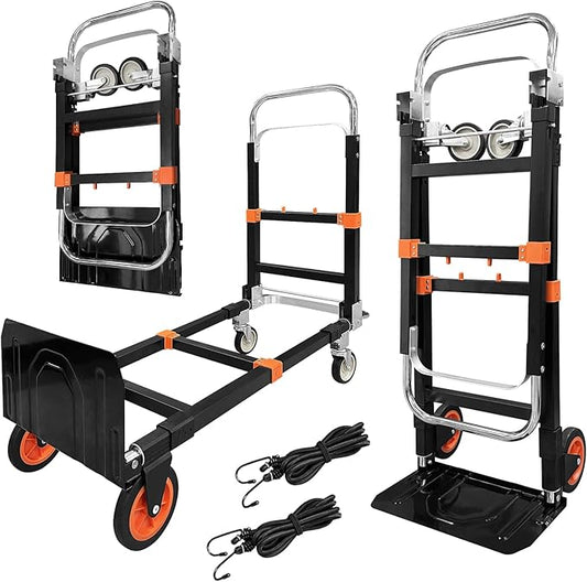 3-in-1 Aluminum Hand Truck Dolly, 600 lbs Heavy Duty Folding Trolley with Universal Wheels, Convertible Hand Truck with Tie Down Straps for Warehouse, Supermarket, Office (Orange)