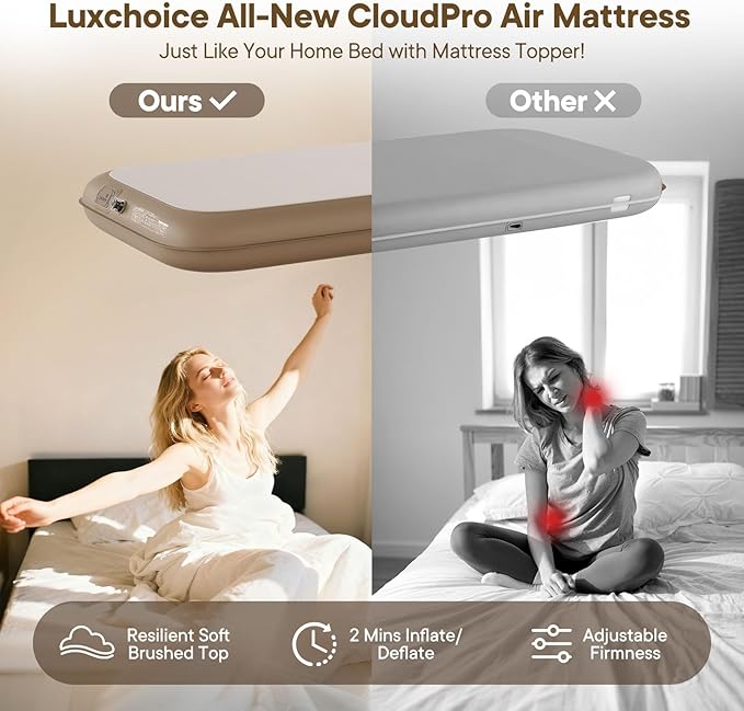 Camping Air Mattress Sleep Cloud Twin with Built in Pump No Air Leak 2 Mins Upgraded Inflatable Mattress Adjustable Firmness Blow up Mattress Ultra Support 1100LBS Portable Home Guests Camping Travel