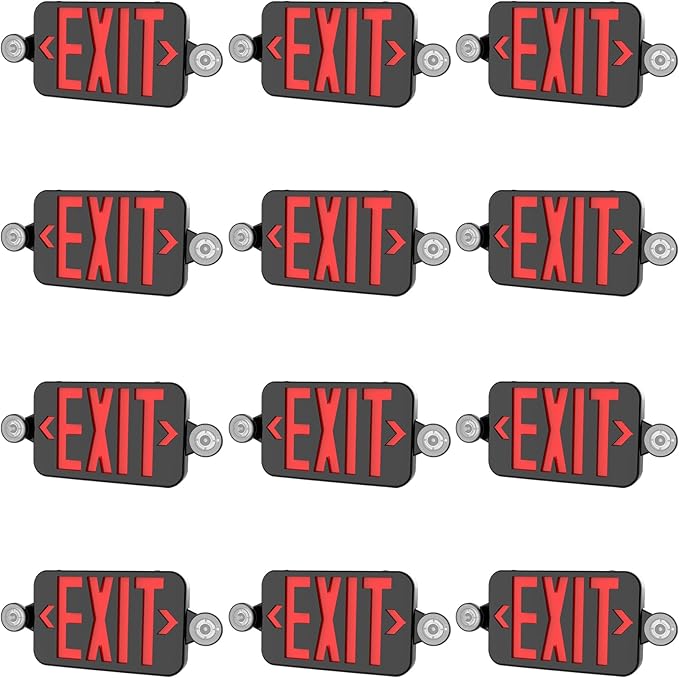 Black LED Exit Sign with Emergency Lights, Adjustable Two LED Head Exit Light with Battery Backup, UL Listed, AC 120/277V, Double Sided Hard Wired Commercial Emergency Light for Business (12 Pack)