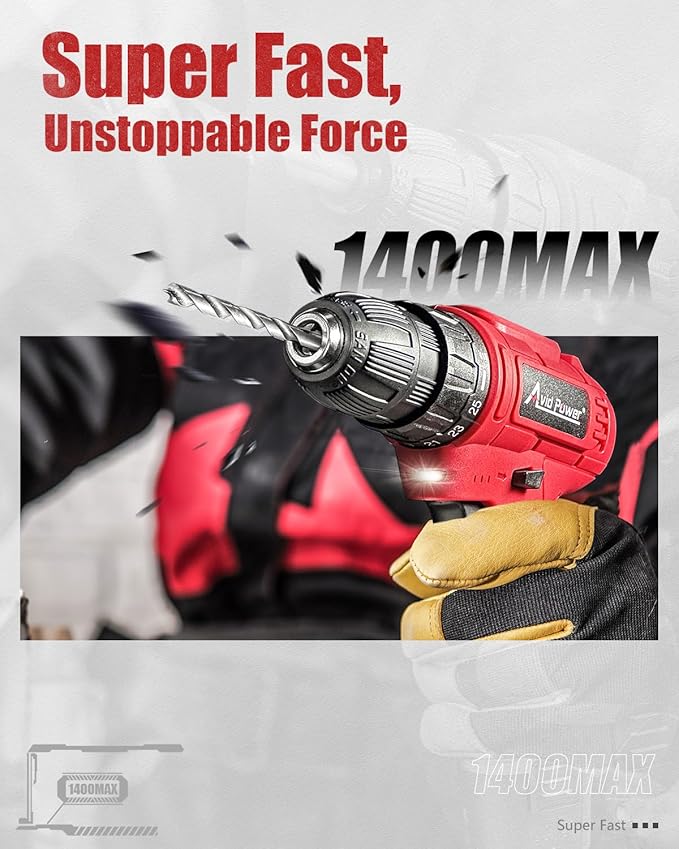 AVID POWER 12V Cordless Drill, 3/8-Inch Keyless Chuck, High-Speed 1400 RPM & 25+1 Torque Control, Electric Power Drill Kit with 21pcs Bits, Battery and Charger