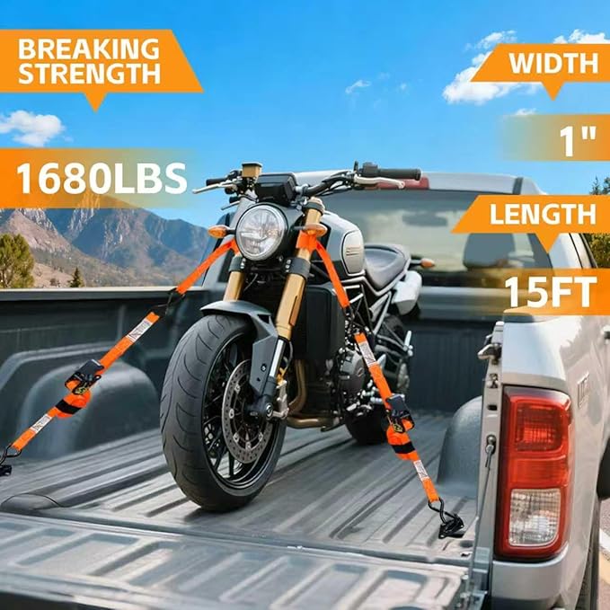 Ratchet Straps Heavy Duty 4-Pack - 1''x 15' (1,680lb Break Strength) - Motorcycle Straps Tie Downs with Safety S Hooks -Cargo Straps for Moving, Appliances, Motorcycle, Trucks, Car - Orange