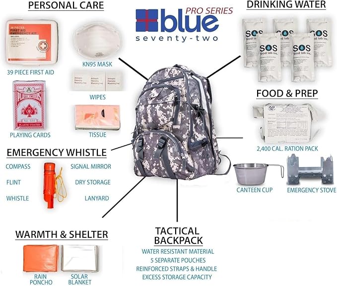 Family 4 Pack - B72 - Pro Series Deluxe Camo 72 Hour Emergency Backpack Survival Kit for 1 Person | Survival Kit for Wildfires, Earthquake, Tornado, Hurricane, and Other Emergencies
