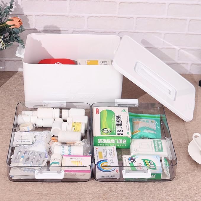 Begale Large Medicine Storage Box, 3-Tier Portable Medicine Cabinet Organizer, Plastic First Aid Box with Handle, White
