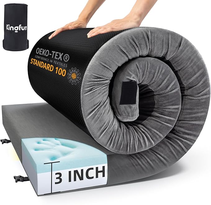 Kingfun 3 Inch CertiPUR-US Memory Foam Camping Mattress, Waterproof Roll up Sleeping Pad for Adults, Comfortable Thick Floor Sleeping Mats for Car Truck Tent with Removable Travel Bag
