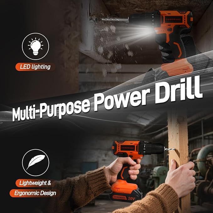 COMOWARE Household Tool Set with 20V Cordless Drill Driver, 120Pcs Hand Tool Kit for Men, Power Drill Set with Plastic Toolbox, Ideal for Office, Garden, DIY Project