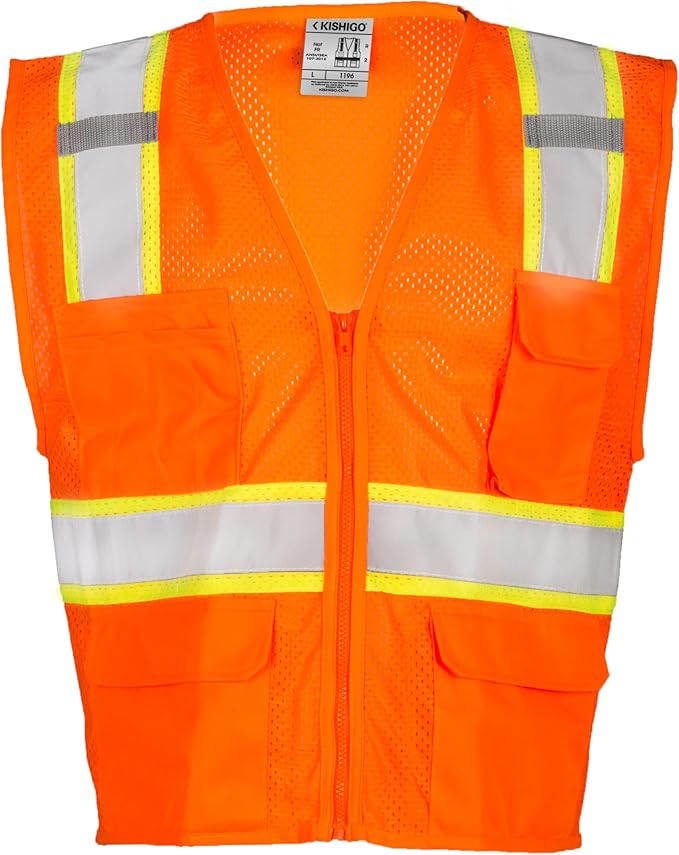 Kishigo All Mesh Contrast Unisex Reflective Safety Vest 1195, ANSI Type R/Class 2, 6 Pockets Zipper, Reflective Lining