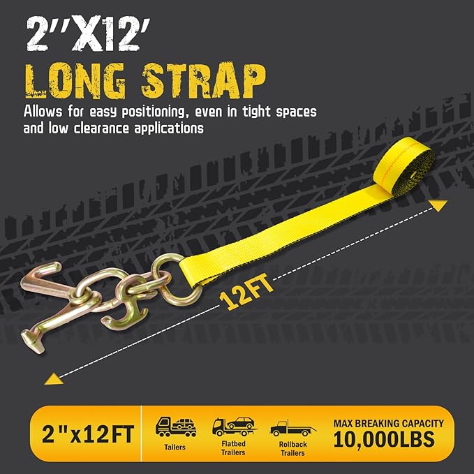 4PCs 2" x12' Recovery Winch Strap w/RTJ Cluster Hook, 10000LBS Tow Truck Car Wrecker Winch Tie Down Straps, Heavy Duty Autohauler Car Tie Down Straps