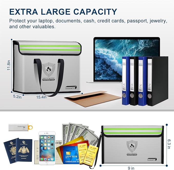 fireproof document pouch (16" x 12" x 5") silicone coated, combination lock office out bag, fireproof money pouch (8.75" x 6.0") for cash, coins, credit cards, passport and other valuables