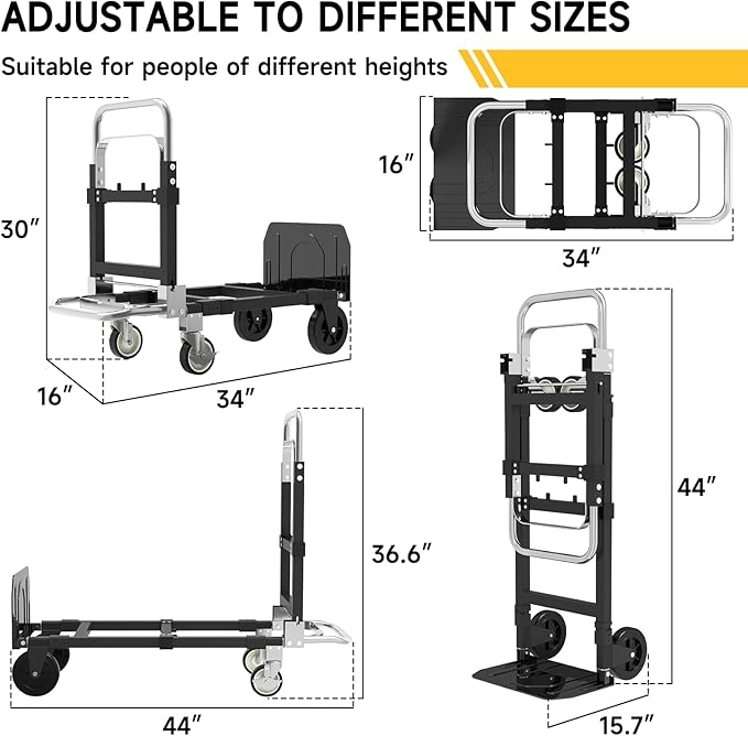 3-in-1 Heavy Duty Folding Hand Truck, 500LB Capacity Convertible Steel Dolly Cart with 360° Swivel Wheels & Telescopic Handle, Foldable Utility Wagon for Moving, Warehouse and Shopping