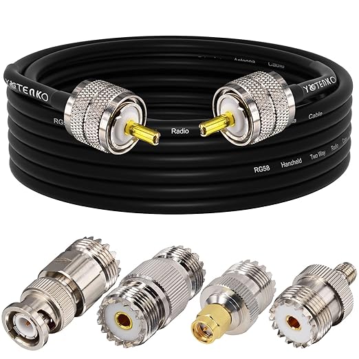 CB Coax Cable 15FT RG58 Coaxial Cable, UHF PL259 Male to Male Cable + UHF SO239 Female to SMA/UHF/BNC Adapter 4-Pack for CB Radio Antenna, Ham Radio, SWR Meter, HF Radio