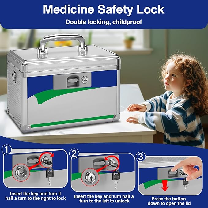 Medicine Lock Box for Safe Medication - 11.2 x 7.6 x 7.6 Inches - Lockable Storage Box for Drugs, First Aid Kit Empty, Lock Boxes with Key for Home/Outdoor (Blue/Medium)