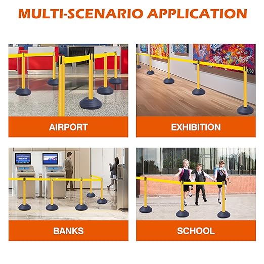 6 Pack Yellow Crowd Control Stanchions with 10FT Retractable Belts, Water Filled Base Posts, Barrier System for Lines, Events, and Public Spaces