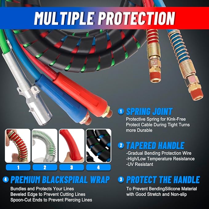 15ft 3 in 1 ABS & Power Air Line Hose with Glad Hand Hex Grip & Rubber Seals for Tractor Trailer Semi Truck