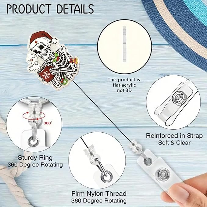 Christmas Coffee Skull Badge Reel Nurse Nursing Badge Clip with Retractable & 24 Durable Nylon Cord Funny Xmas Badge Holder for RN CNA LPN Medical Worker Teacher Student | Acrylic