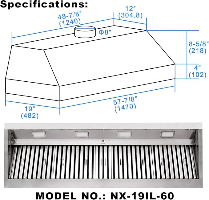 Akicon Range Hood Insert 60 Inch, 1200 CFM Built-in Kitchen Hood with 4 Speeds, Ultra-Quiet Stainless Steel Ducted Vent Hood Insert with Dimmable LED Lights and Dishwasher Safe Filters