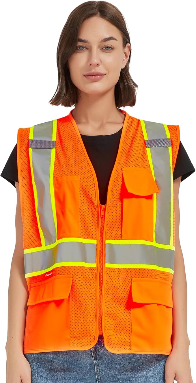 ProtectX Safety Vest for Men Women ANSI Class 2 High Visibility Mesh Reflective Construction Vest with 4 Pockets