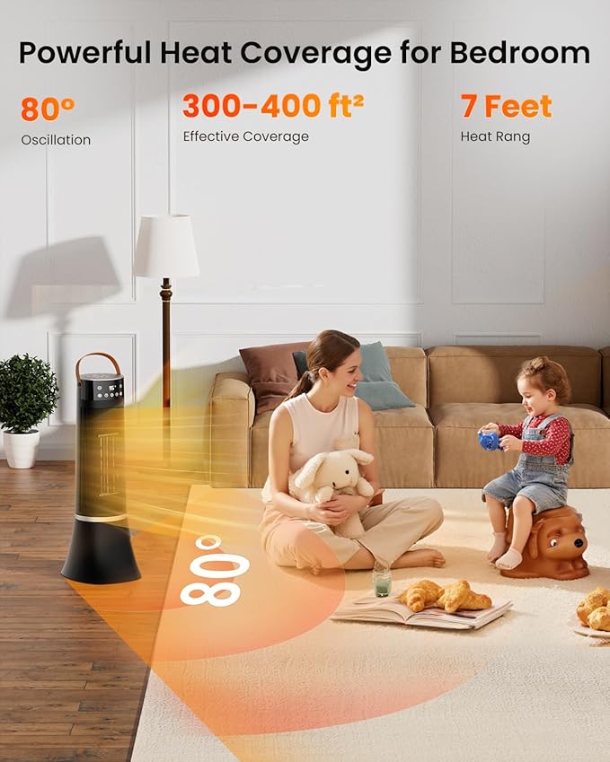 Space Heaters for indoor use large room, 24" 12ft/s Electric Heater with Remote, 1500W Electric Heaters with 75°Oscillation, 1-12H Timer, PTC Electric Heater for Large Room, Bedroom Home Office