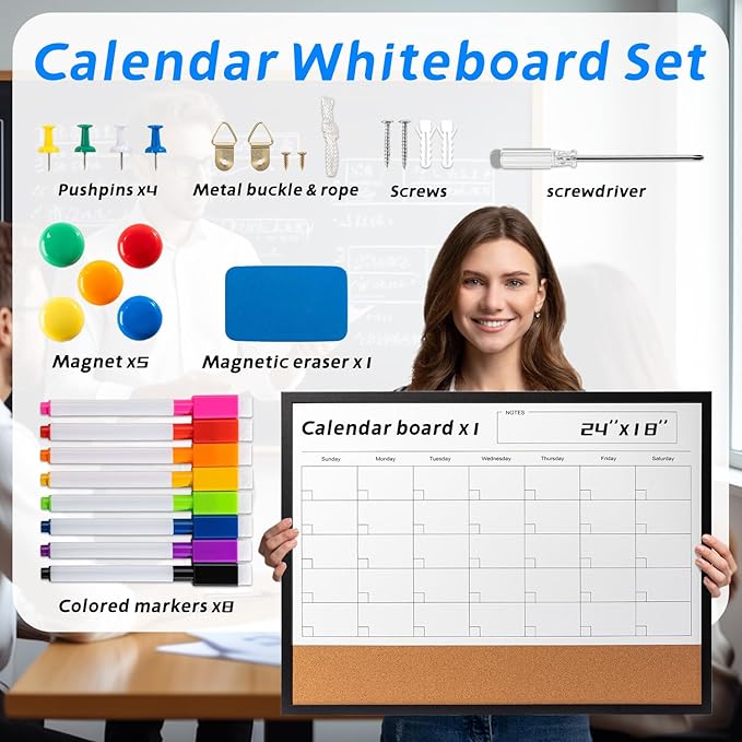 Dry Erase Calendar Whiteboard, 24" x 18" Magnetic Whiteboard Cork Board Combo, Reusable Monthly Planner with 8 Markers, Eraser, Magnets and Pushpins, Hanging Dry Erase Board for Home, School - Black