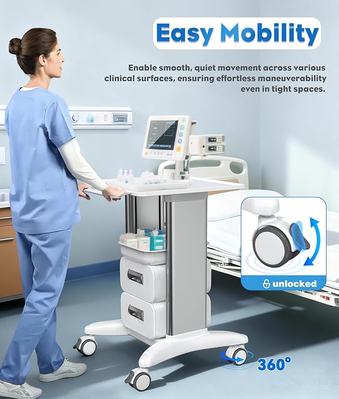 Medical Trolley Cart with Drawers, Hospital Mobile Ultrasound Cart with Trays & 4 Silent Swivel Wheels, 220 LBS Load Portable Storage Drawer for Hospital, Dental Clinic, Beauty Salon (Without Socket)