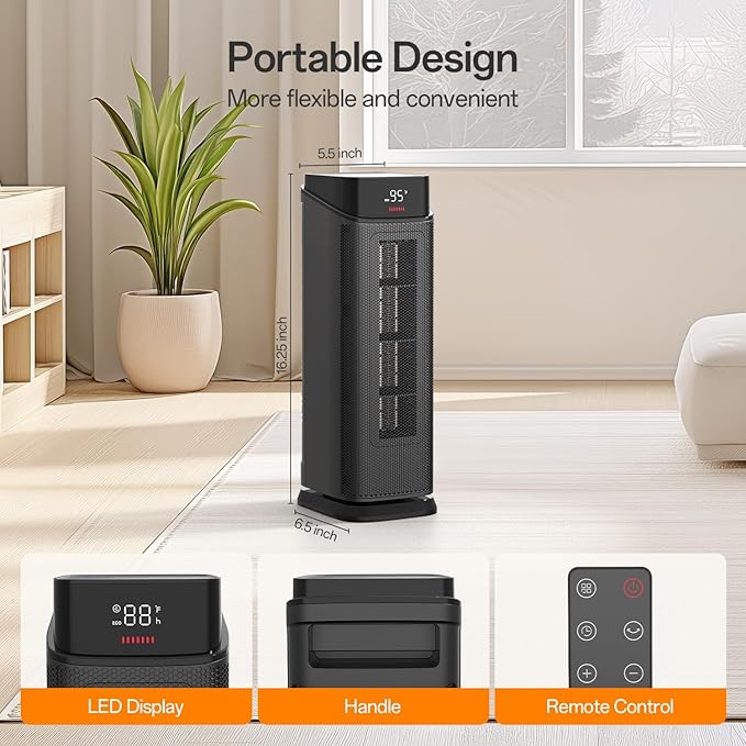 BREEZOME Space Heater Indoor, 1500W PTC Portable Electric Heaters for Home with Thermostat & 90° Oscillating, 24H Timer, Quiet Safety Ceramic Tower Heater with Remote for Bedroom Office