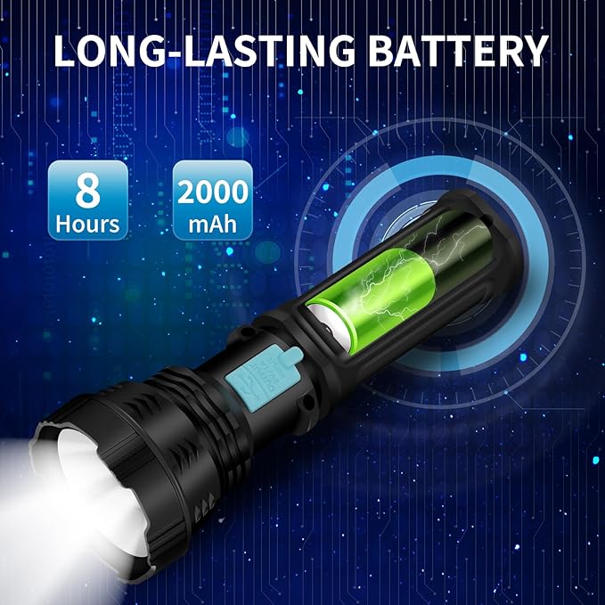 Led Solar Flashlight, 1500 Lumens Led Solar Handheld Rechargeable Flashlights with IP65 Waterproof, 2000mAh Battery for Survival Emergencies Camping (4 Pack)