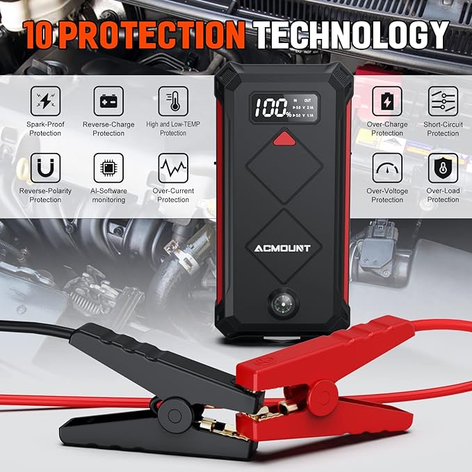 Acmount P100 Car Jump Starter, 5000A Peak Lithium Jump Starter Battery Pack for Up to 10.0L Gas or 8.0L Diesel Engine, Safe 12V Portable Battery Starter Power Pack with LED Screen & LED Light