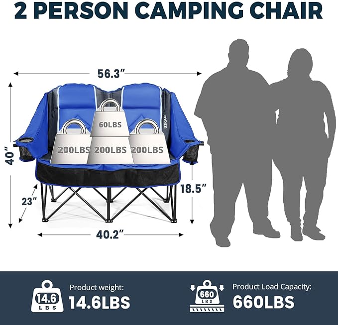 Oversized Double Camping Chair - 2 Person Portable Folding Outdoor Loveseat Heavy Duty Lawn Chairs for Adults with Padded Cushion & Dual Cup Holders, Supports 660LBS for Camping，Sports，Picnic