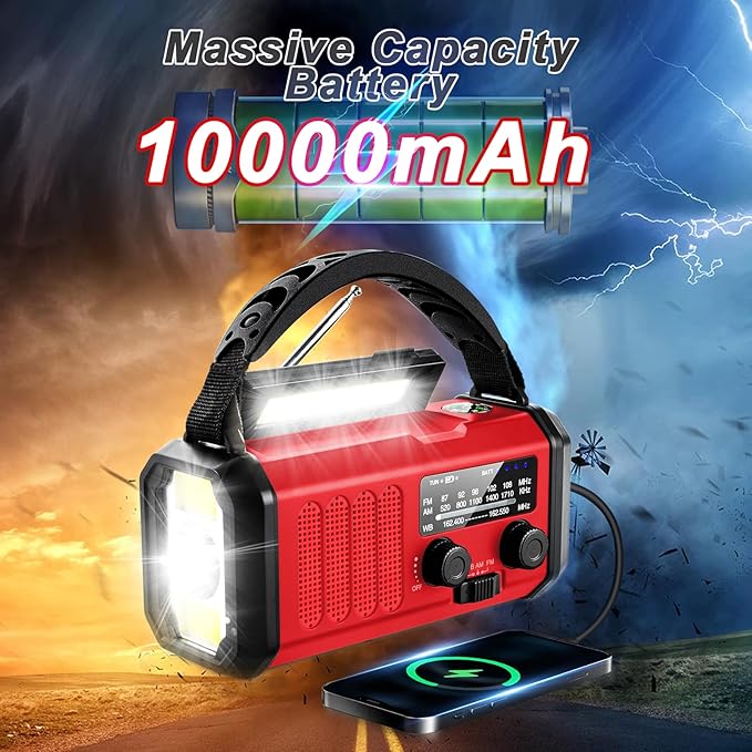 Emergency Crank Radio10000mAh/37000mWh AM/FM/NOAA Weather Radio , Solar/Hand Crank/USB Charging, LED Flashlight and Cell Phone Charger for Christmas gifts Outdoor, Camping & Home Emergencies