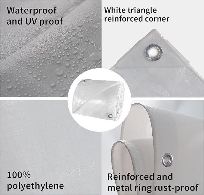 TARPAL 24'x24' White Tarp Waterproof 7.5 mil Medium Duty All Purpose Poly Tarps Cover Waterproof,Snow Proof UV Protection,Rip and Tear Proof,Poly Tarpaulin