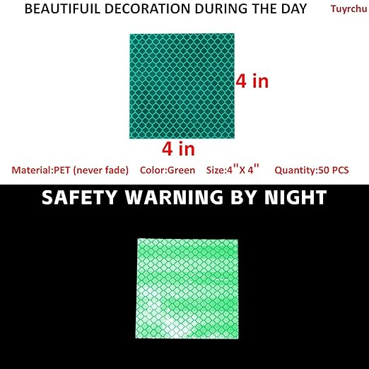 Non Fading Green Reflective Stickers 4 inch X 4 inch, Outdoor Waterproof High Visibility Warning Safety Adhesive Reflector Tape (50 Pcs)