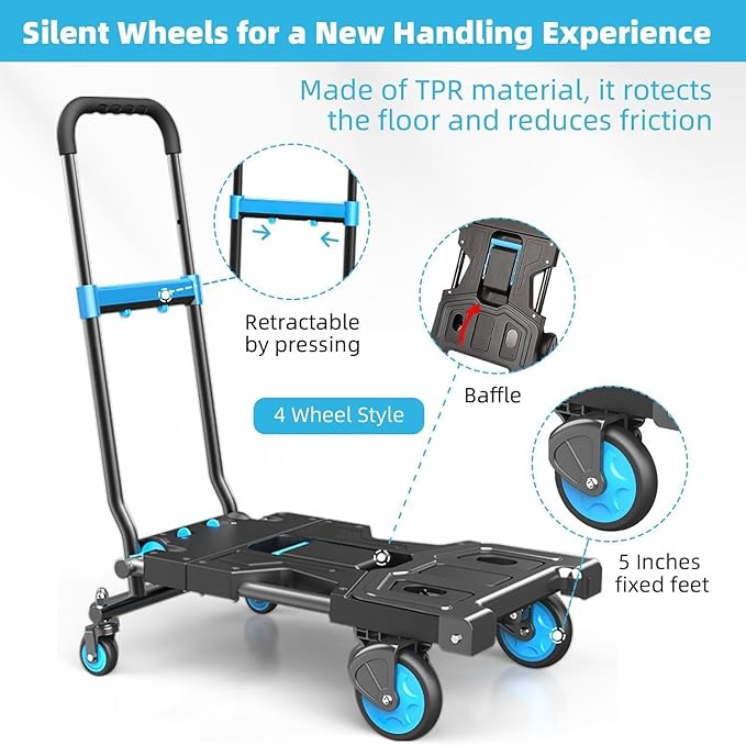 Folding Hand Truck, 330 lbs Max Capacity Portable Hand Cart, 2-in-1 Heavy Duty Foldable Dolly Cart with Adjustable Retractable Handle for Luggage, Moving, Shopping, Office,Travel Use