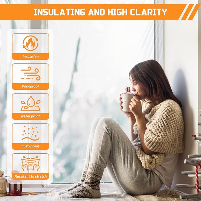 Window Insulation Kit, 47 in x10 ft Cuttable Plastic Film with Adhesive Tape for Winterizing
