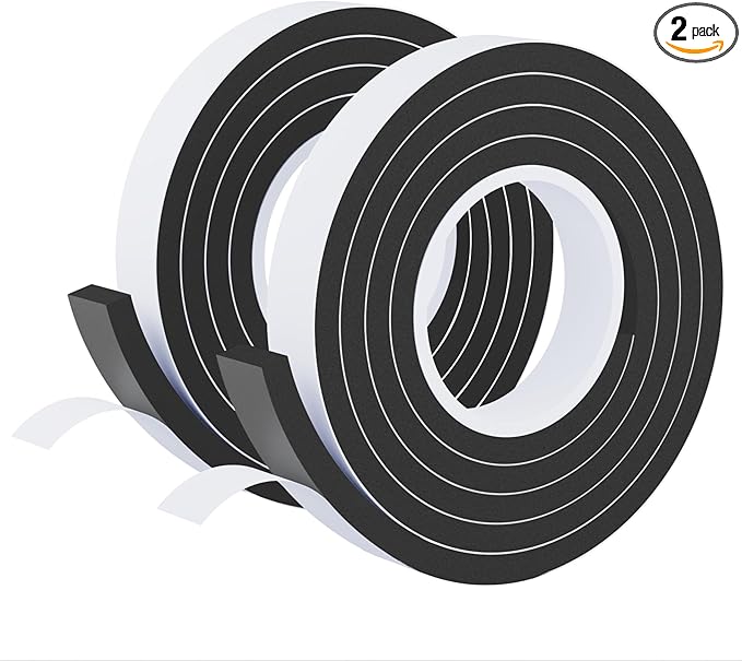 Weather Stripping Door Seal Black,1Inch Wide X 3/8Inch Thick,Air Conditioner Window Seal,Self Adhesive Foam Tape High Density Foam Sealing Strip,Soundproof Foam Tape Roll,2 Rolls Total 13.2Ft