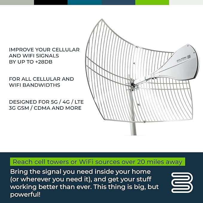 Bolton 2021 Long Ranger Parabolic Antenna - up to 20 Miles Range, Cellular/WiFi Antenna up to +28 dB, All Cell Bands LTE,4G,5G,3G, WiFi 2.6/5 GHz WiFi 6 (Renewed)