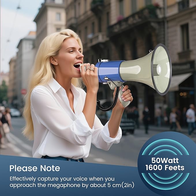 50 Watt Megaphone Bullhorn with Detachable Microphone, 240s Recording and Siren - Perfect for Indoor/Outdoor Sporting Events and Crowd Control