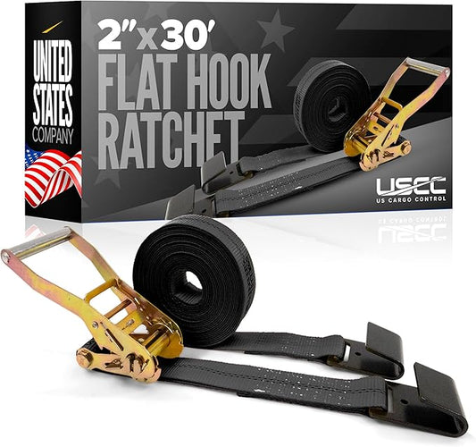 US Cargo Control Flat Hook Ratchet Strap 2 Inch X 30 Foot, 10,000 LBS Break Strength, Black Heavy Duty Ratchet Straps with Black Flat Hooks, Red Tie Downs for Flatbed Trailer