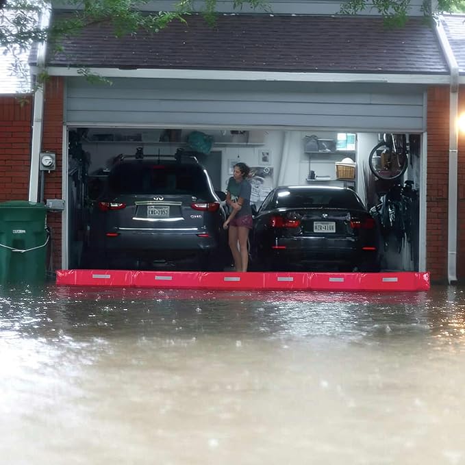 Flood Barrier 13Foot Length 12Inch Height, Flood Sandbag Alternative, Water Filled Flood Control Barrier,Reusable PVC Flood Prevention Tube, Water Barriers for Door Garage Home（Red）