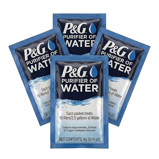P&G Purifier of Water Portable Water Purifier Packets. Emergency Water Filter Purification Powder Packs for Camping, Hiking, Backpacking, Hunting, and Traveling. (4 Packets)