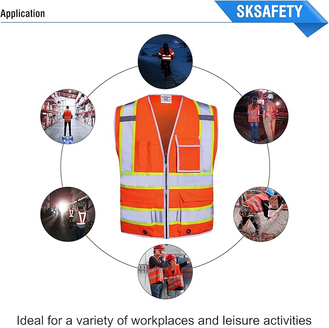 SKSAFETY 10 Pockets Safety Vest, Class 2 High Visibility Security with Zipper, Hi Vis Vest with Reflective Strips, ANSI/ISEA Standard, Construction Work Vest for Men ＆ Women （Orange, 3XL）