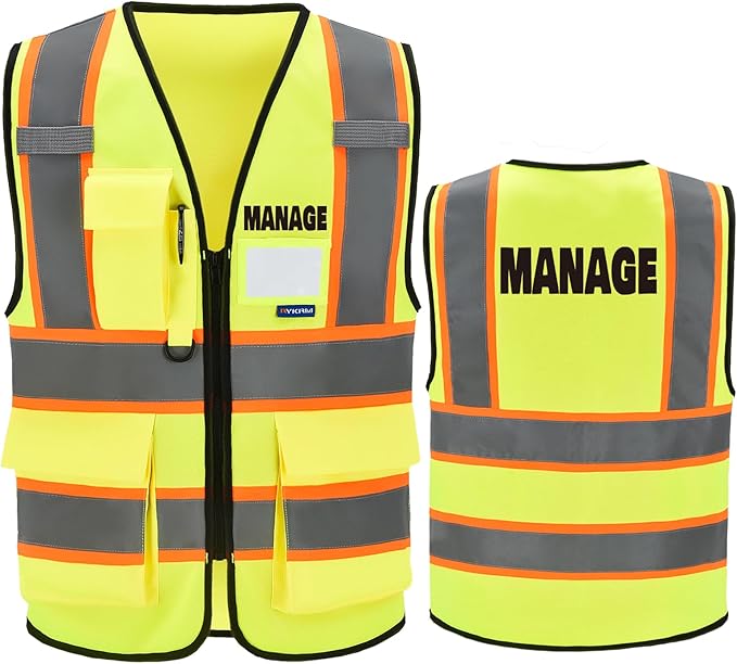 AYKRM Security Vest for Men Women 7 Pockets High Visibility Reflective Safety Vest Front Zipper Meets ANSI/ISEA